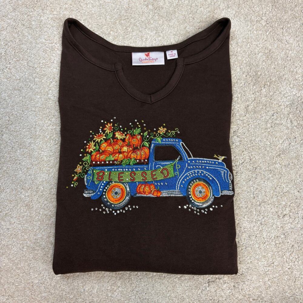 Quacker Factory Embroidered Bejeweled Blessed Pumpkin Truck Shirt Size M
